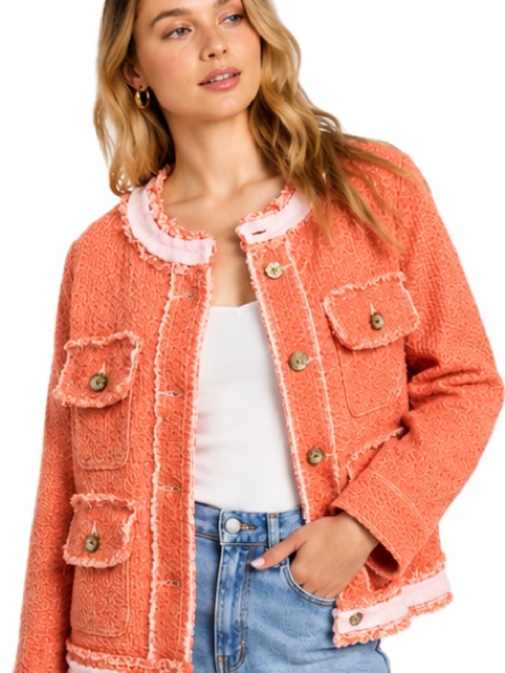POL Coral Tweed Fringe-Trim Button Jacket
